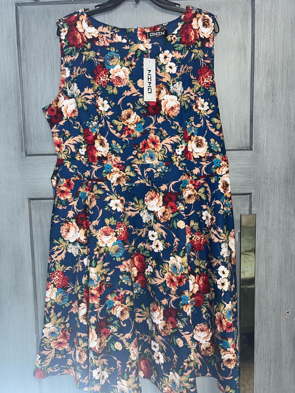 OWIN Sz 2XL Navy Floral Midi Dress, Sleeveless Fit & Flare, Fall Autumn NWT